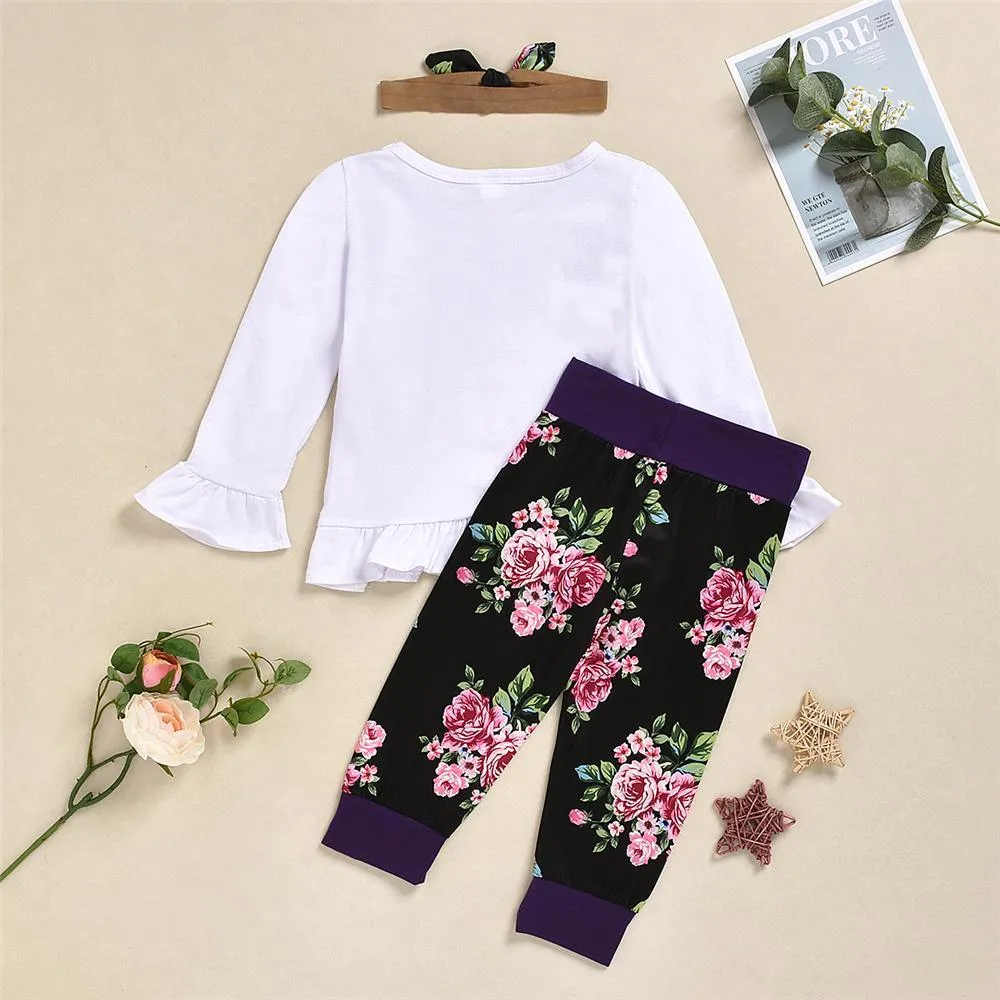 Girls Letter Printed Top & Floral Pants & Headband Wholesale Girls