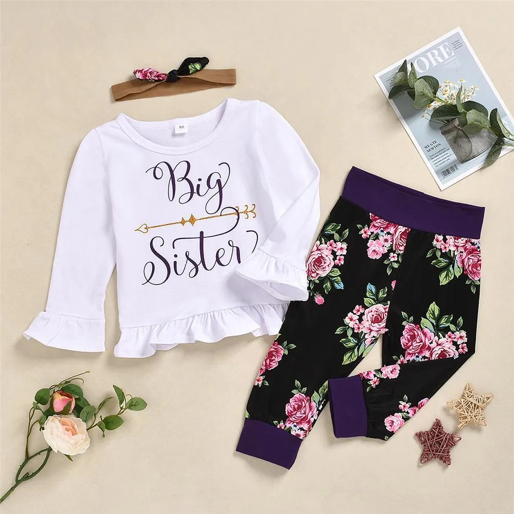 Girls Letter Printed Top & Floral Pants & Headband Wholesale Girls