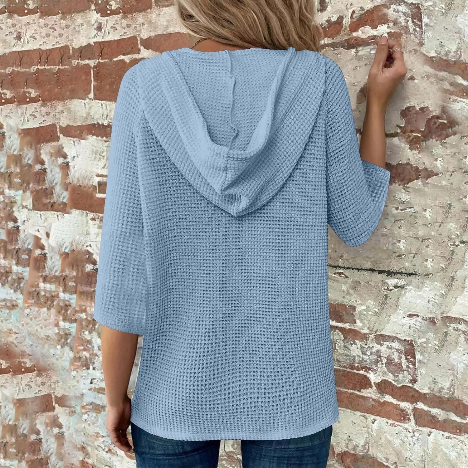GOFULY Shirts For Women Trendy 3/4 Sleeve Button Summer Waffle Hoodie Henley V Neck Blouses Casual Solid Elbow Sleeve Tops
