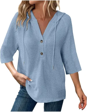 GOFULY Shirts For Women Trendy 3/4 Sleeve Button Summer Waffle Hoodie Henley V Neck Blouses Casual Solid Elbow Sleeve Tops