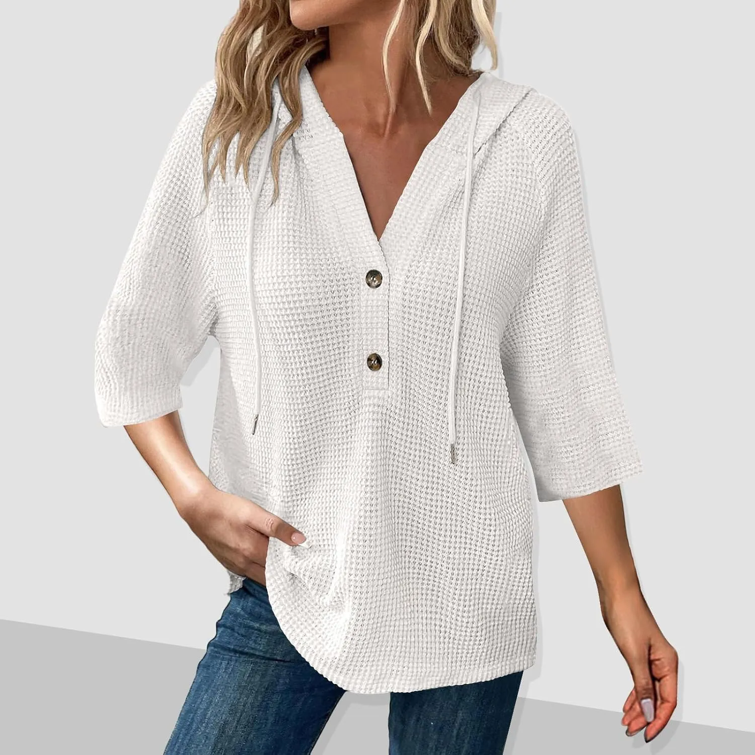 GOFULY Shirts For Women Trendy 3/4 Sleeve Button Summer Waffle Hoodie Henley V Neck Blouses Casual Solid Elbow Sleeve Tops