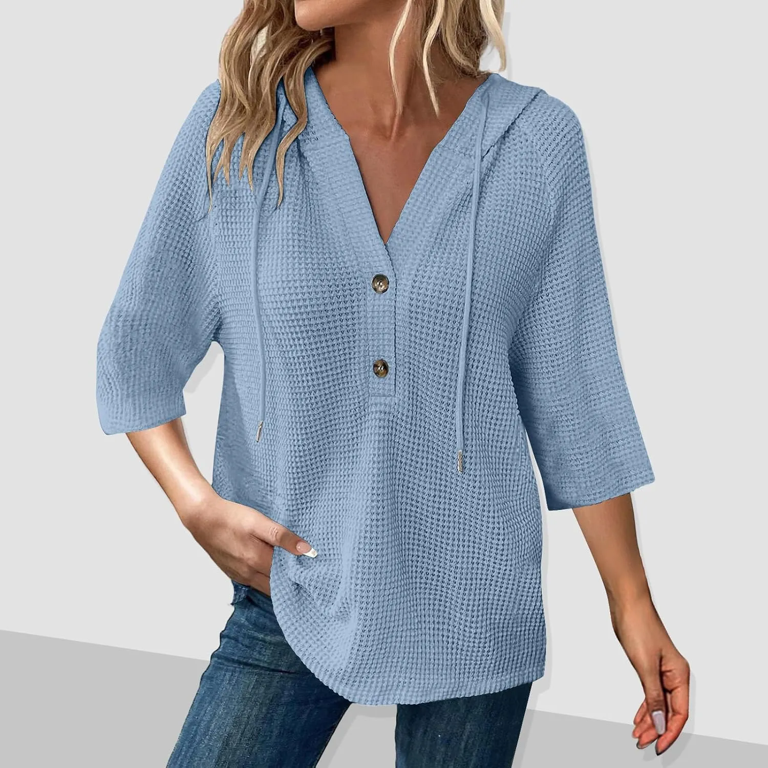 GOFULY Shirts For Women Trendy 3/4 Sleeve Button Summer Waffle Hoodie Henley V Neck Blouses Casual Solid Elbow Sleeve Tops