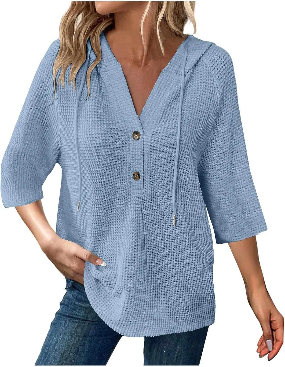 GOFULY Shirts For Women Trendy 3/4 Sleeve Button Summer Waffle Hoodie Henley V Neck Blouses Casual Solid Elbow Sleeve Tops