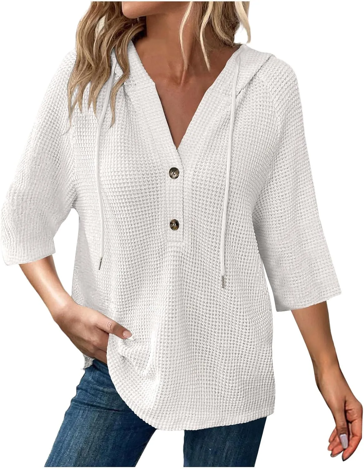 GOFULY Shirts For Women Trendy 3/4 Sleeve Button Summer Waffle Hoodie Henley V Neck Blouses Casual Solid Elbow Sleeve Tops