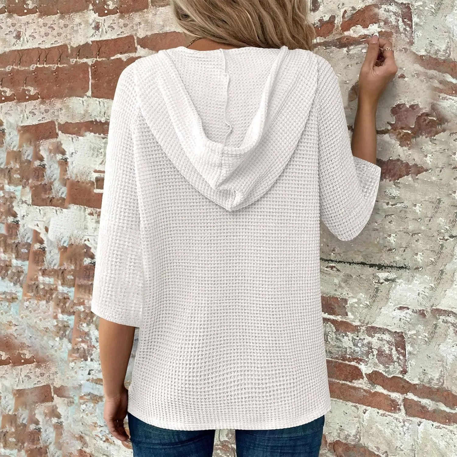 GOFULY Shirts For Women Trendy 3/4 Sleeve Button Summer Waffle Hoodie Henley V Neck Blouses Casual Solid Elbow Sleeve Tops