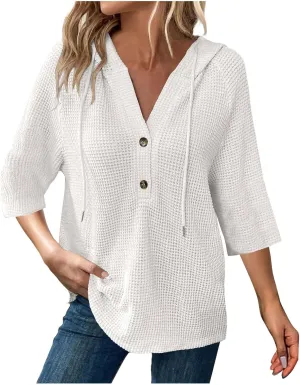 GOFULY Shirts For Women Trendy 3/4 Sleeve Button Summer Waffle Hoodie Henley V Neck Blouses Casual Solid Elbow Sleeve Tops