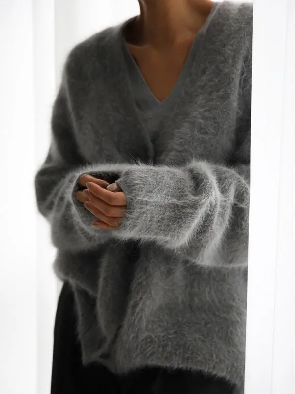 HelenaWomen's Lazy Loose Long-sleeved V-neck Sweater Knitted Cardigan