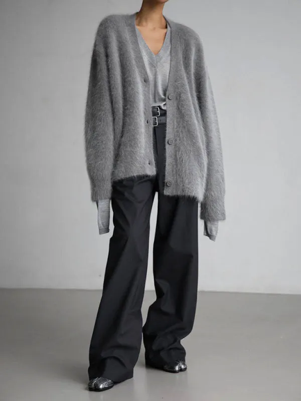 HelenaWomen's Lazy Loose Long-sleeved V-neck Sweater Knitted Cardigan