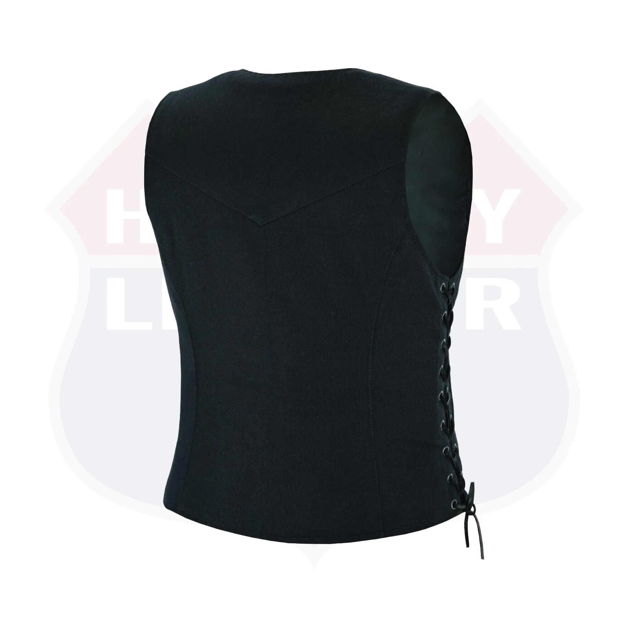 HL21851 Womens Denim Motorcycle Side Lace Club Vest with 2 Inside Ammo Pocket