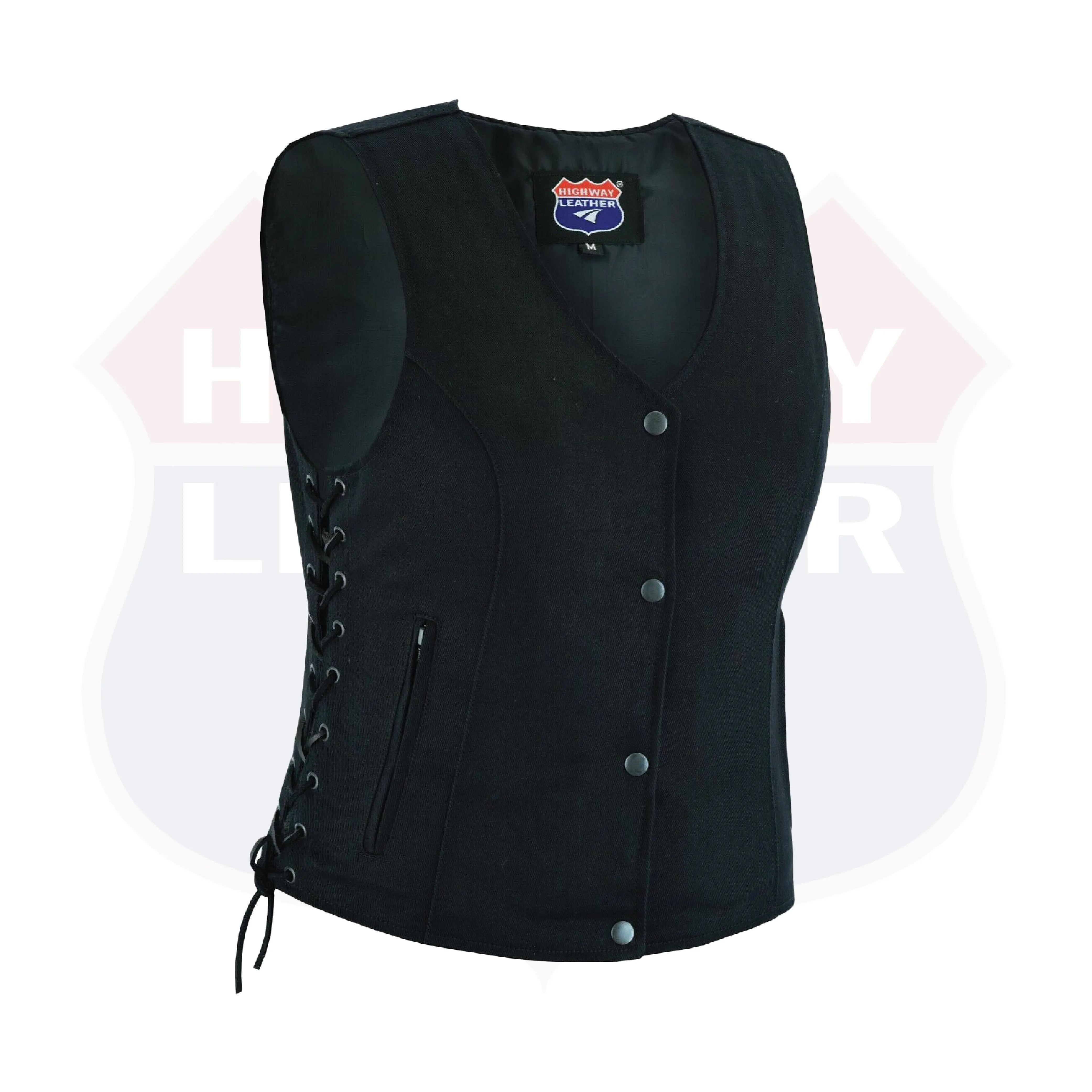 HL21851 Womens Denim Motorcycle Side Lace Club Vest with 2 Inside Ammo Pocket