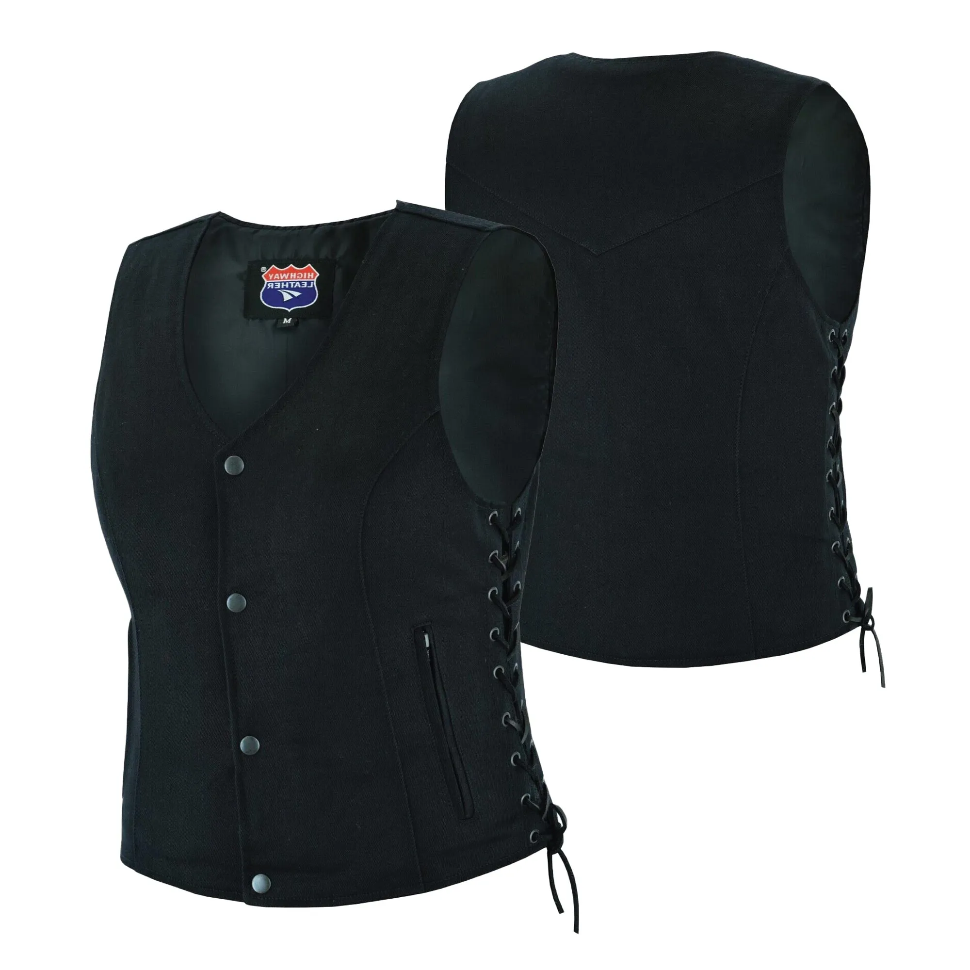 HL21851 Womens Denim Motorcycle Side Lace Club Vest with 2 Inside Ammo Pocket