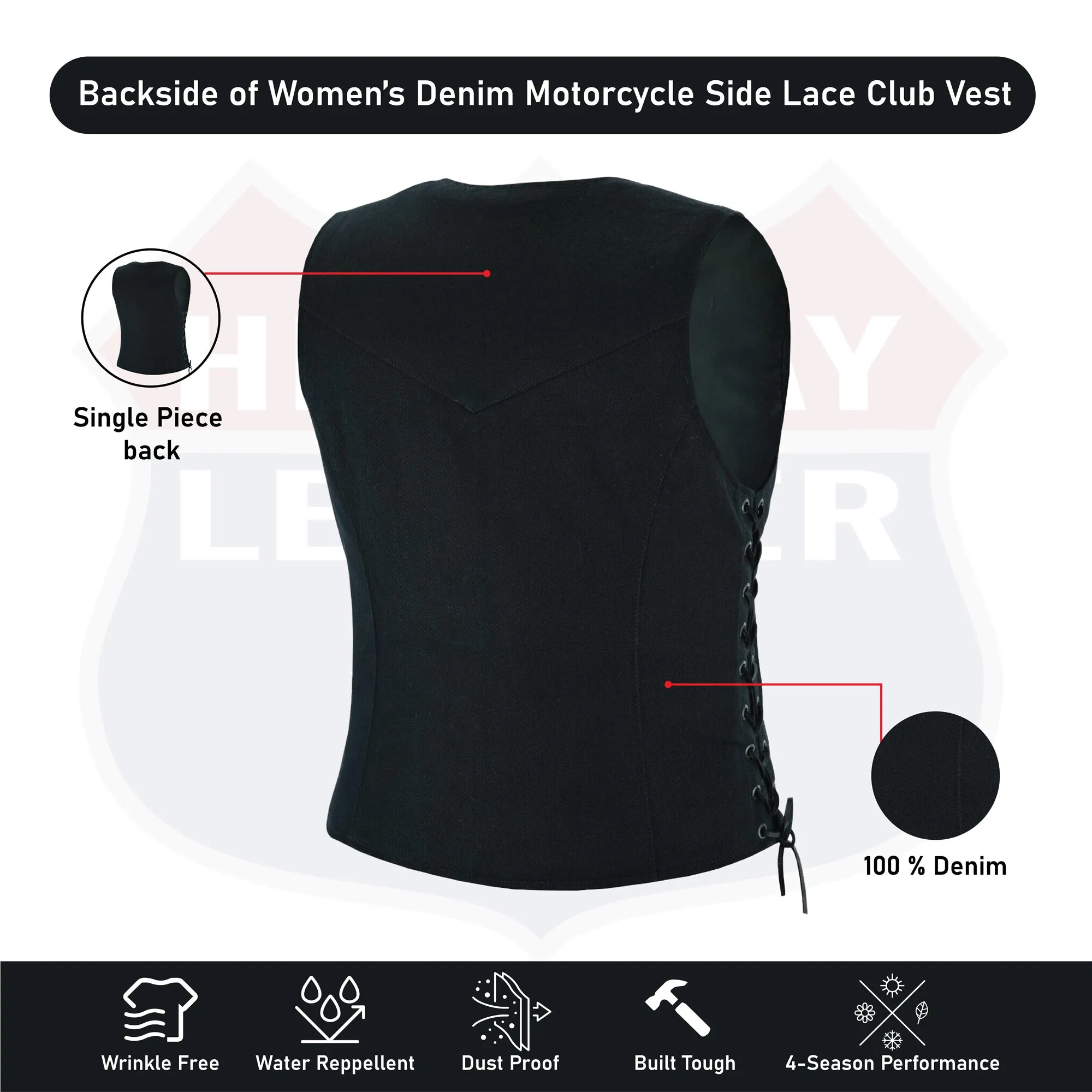 HL21851 Womens Denim Motorcycle Side Lace Club Vest with 2 Inside Ammo Pocket
