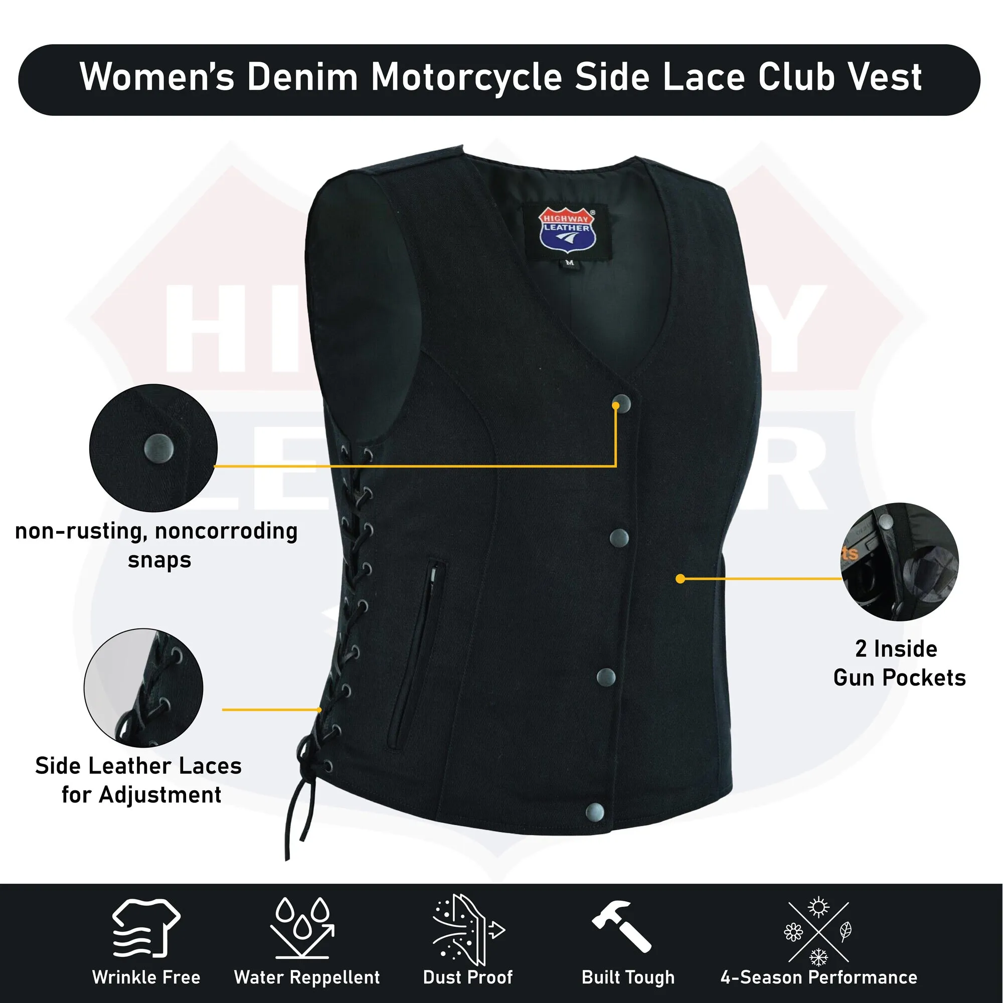 HL21851 Womens Denim Motorcycle Side Lace Club Vest with 2 Inside Ammo Pocket