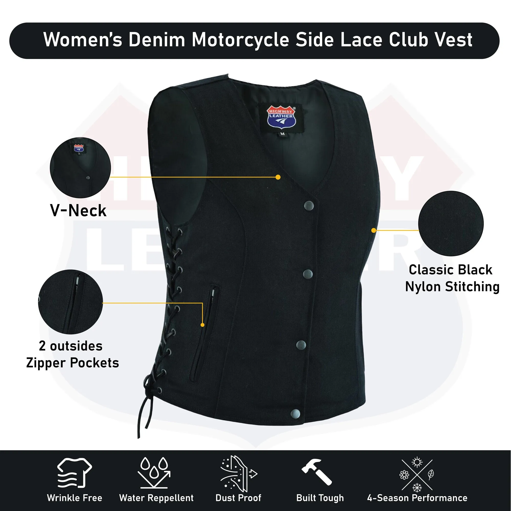 HL21851 Womens Denim Motorcycle Side Lace Club Vest with 2 Inside Ammo Pocket