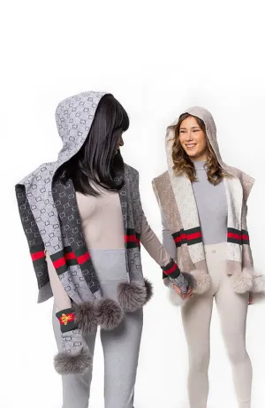 Hooded Shawl with Fox Pom Poms