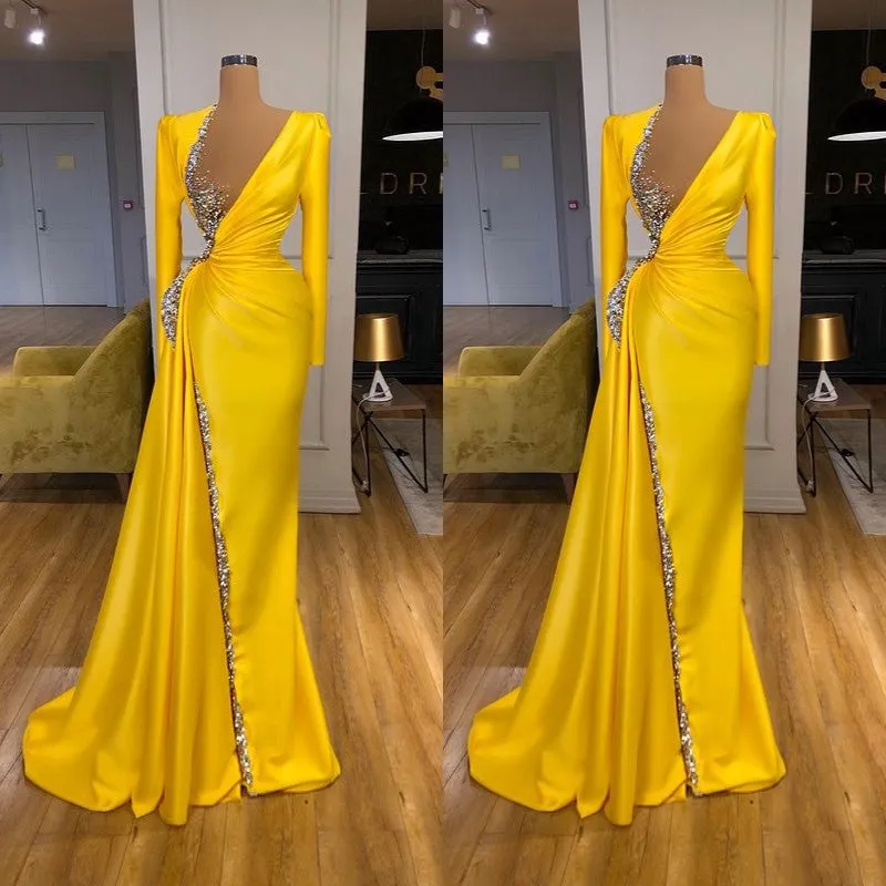kamahe Bright Yellow V-neck Metallic Sequin Long sleeves Prom Dress