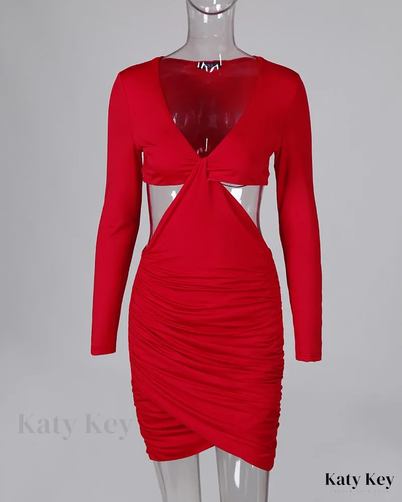 KatyKey - Chic Front Twist Bodycon Plunge Dress