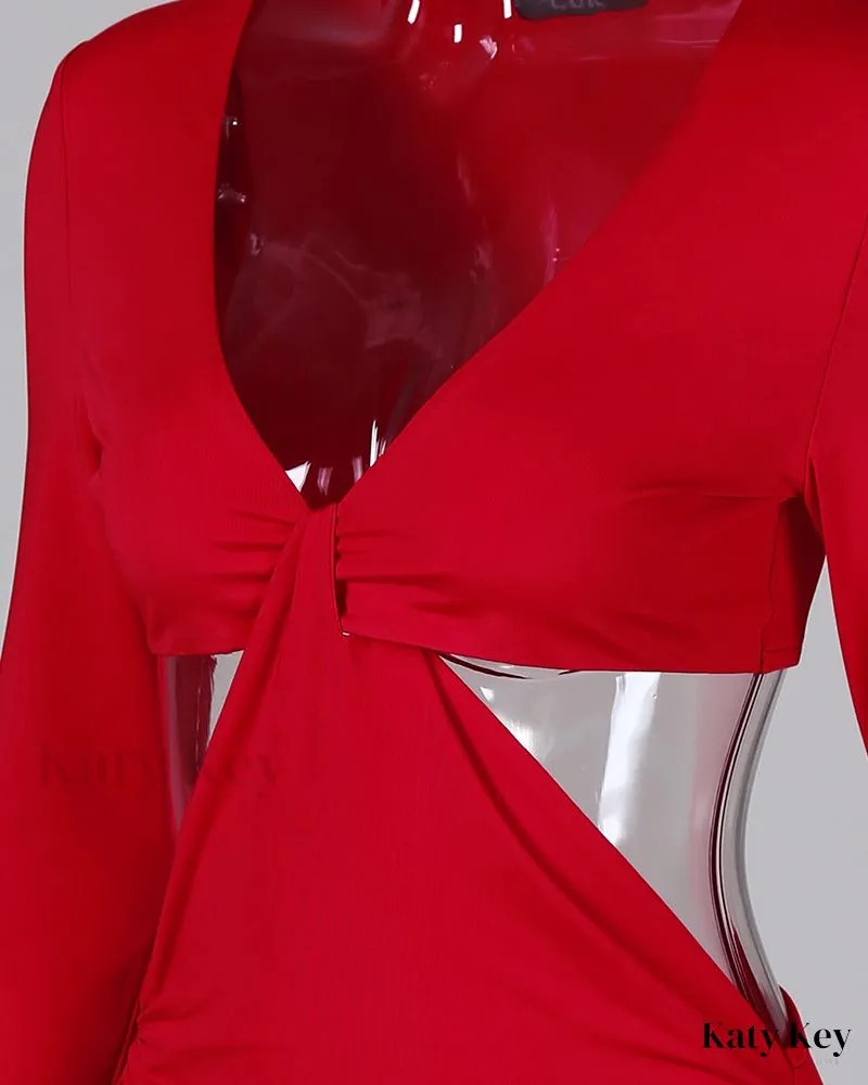 KatyKey - Chic Front Twist Bodycon Plunge Dress