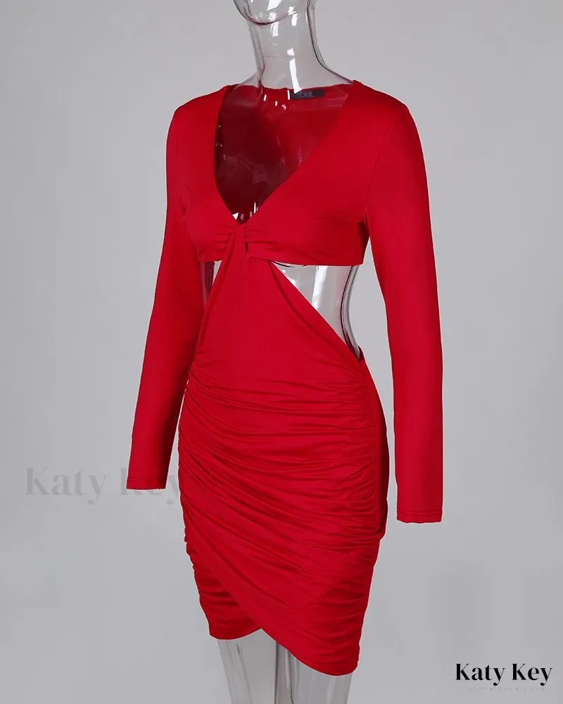 KatyKey - Chic Front Twist Bodycon Plunge Dress