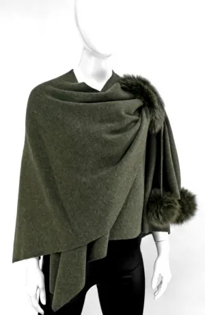 Khaki Knit Wrap Fox Poms