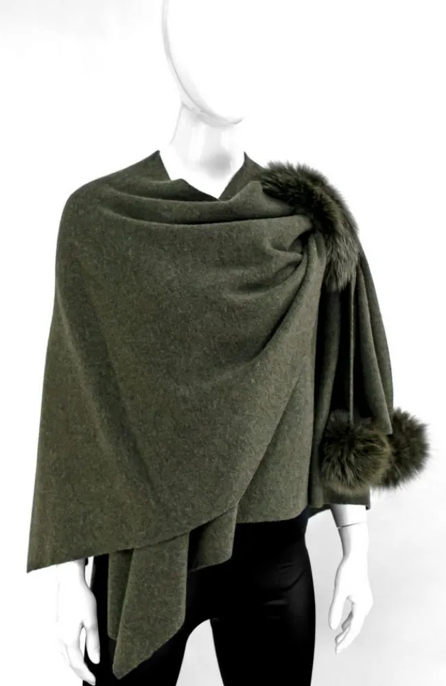 Khaki Knit Wrap Fox Poms