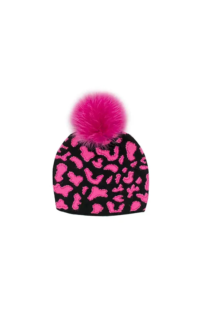 Knit Hat Cow Print Fox Poms