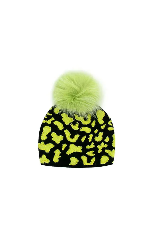 Knit Hat Cow Print Fox Poms