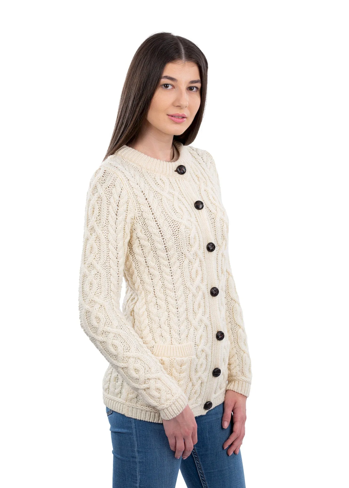 Ladies Button Aran Cardigan | Natural