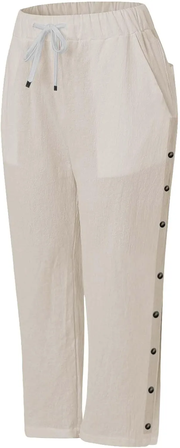 Linen Pants for Women Summer High Waist Elastic Drawstring Straight Leg Lounge Trousers Casual Loose Beach Pants