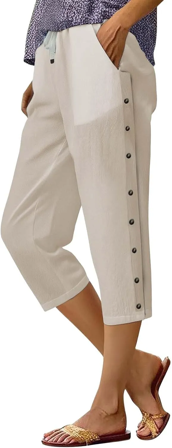 Linen Pants for Women Summer High Waist Elastic Drawstring Straight Leg Lounge Trousers Casual Loose Beach Pants