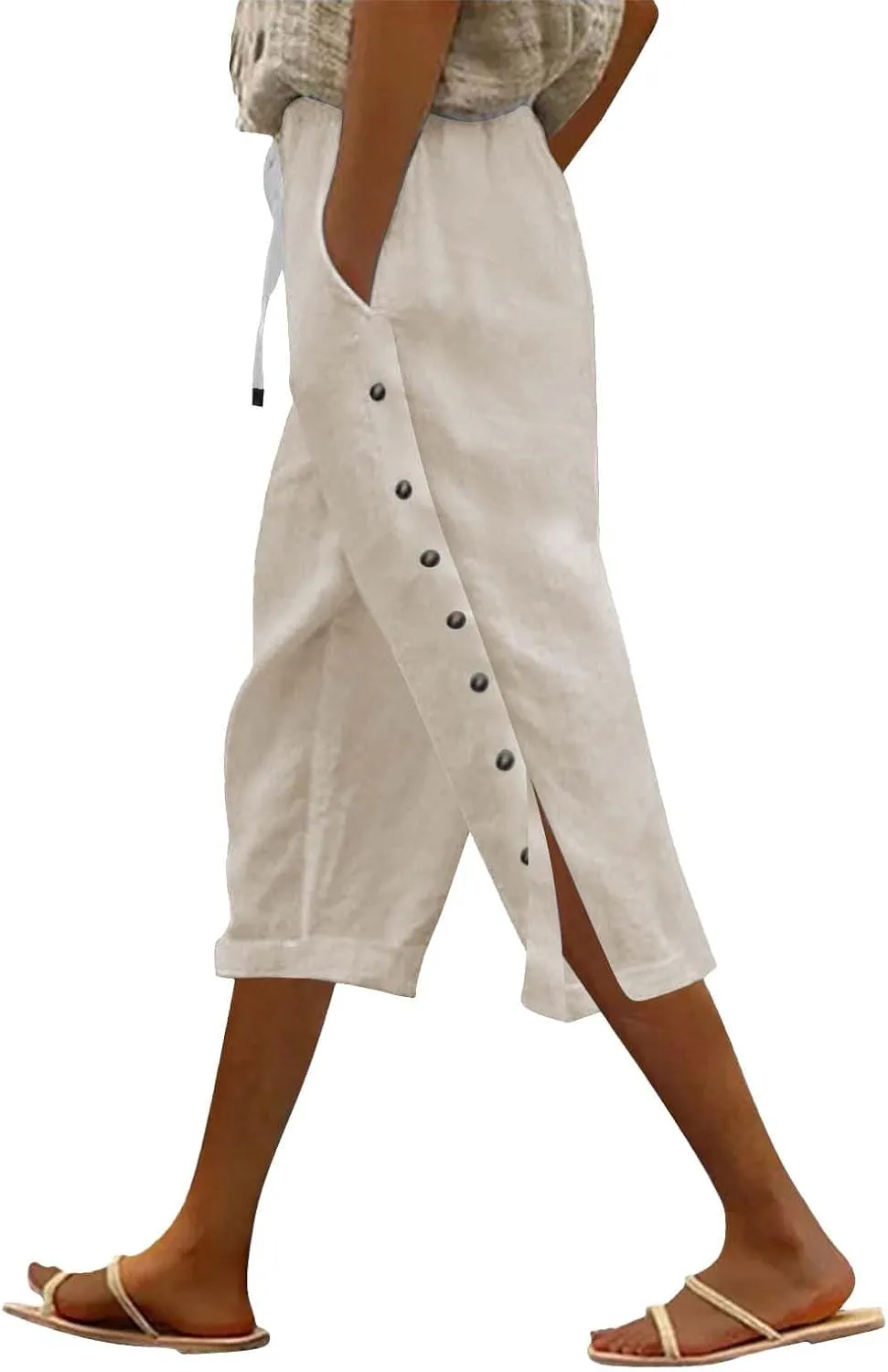 Linen Pants for Women Summer High Waist Elastic Drawstring Straight Leg Lounge Trousers Casual Loose Beach Pants