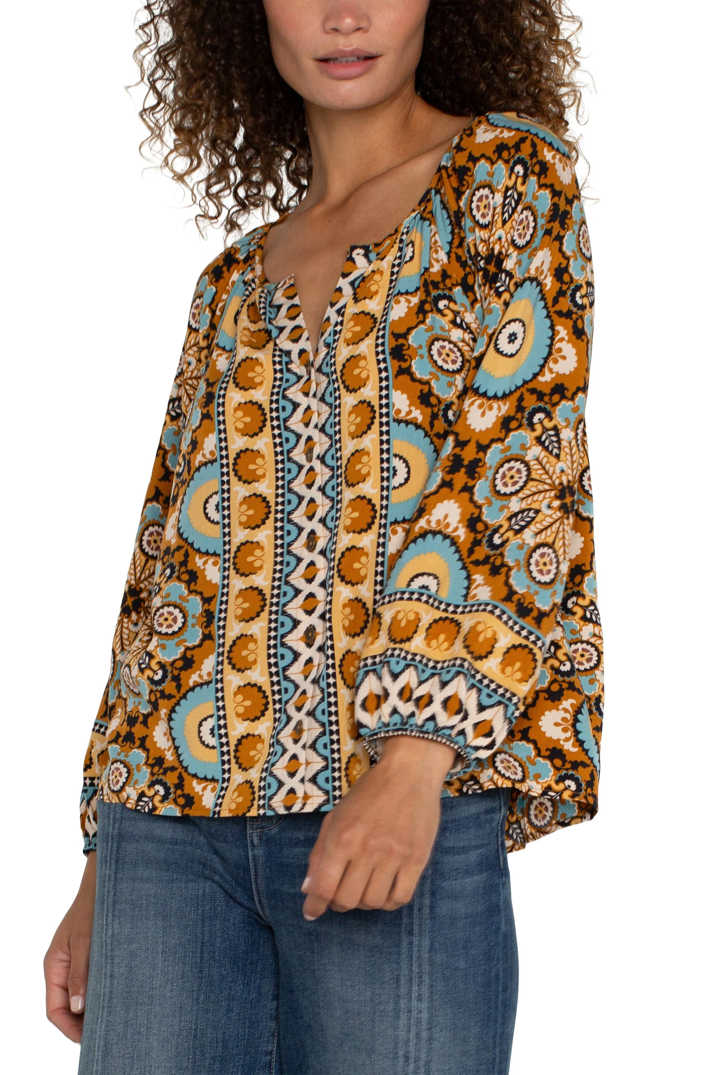Liverpool Long Sleeve Button Up Blouse In Ocean Jasper Multi