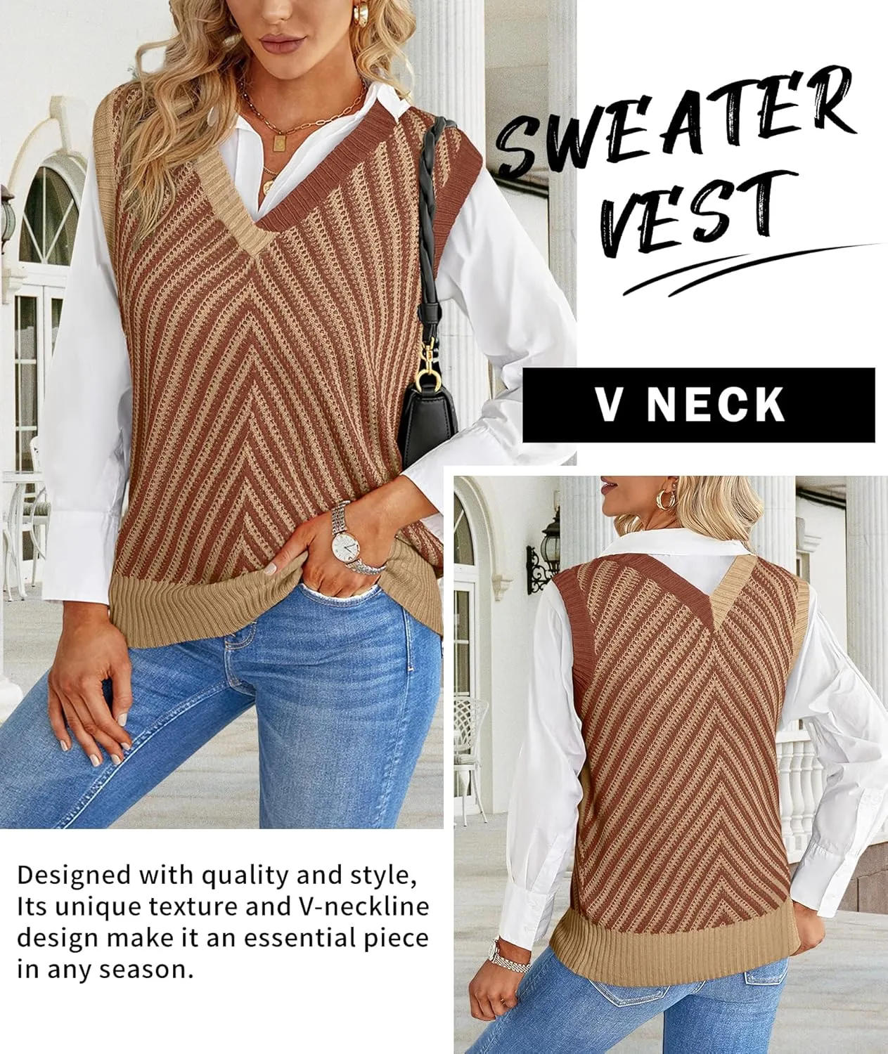 MARZXIN Women Sleeveless Sweater V Neck Casual 2025 Knitted Chevron V Neck Sweater Vest Color Block Pullover Sweater Top