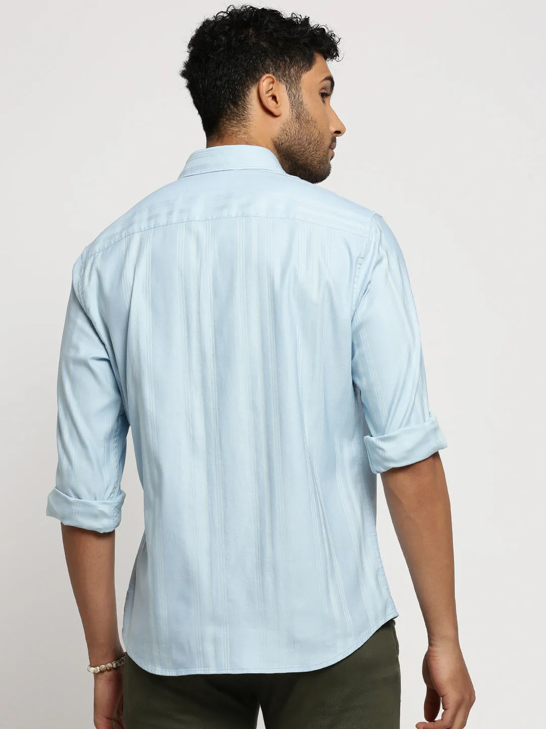 Men Blue Slim Fit Vertical Striped Long Sleeves Cotton Casual Shirt
