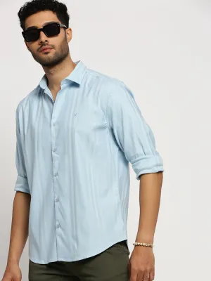Men Blue Slim Fit Vertical Striped Long Sleeves Cotton Casual Shirt