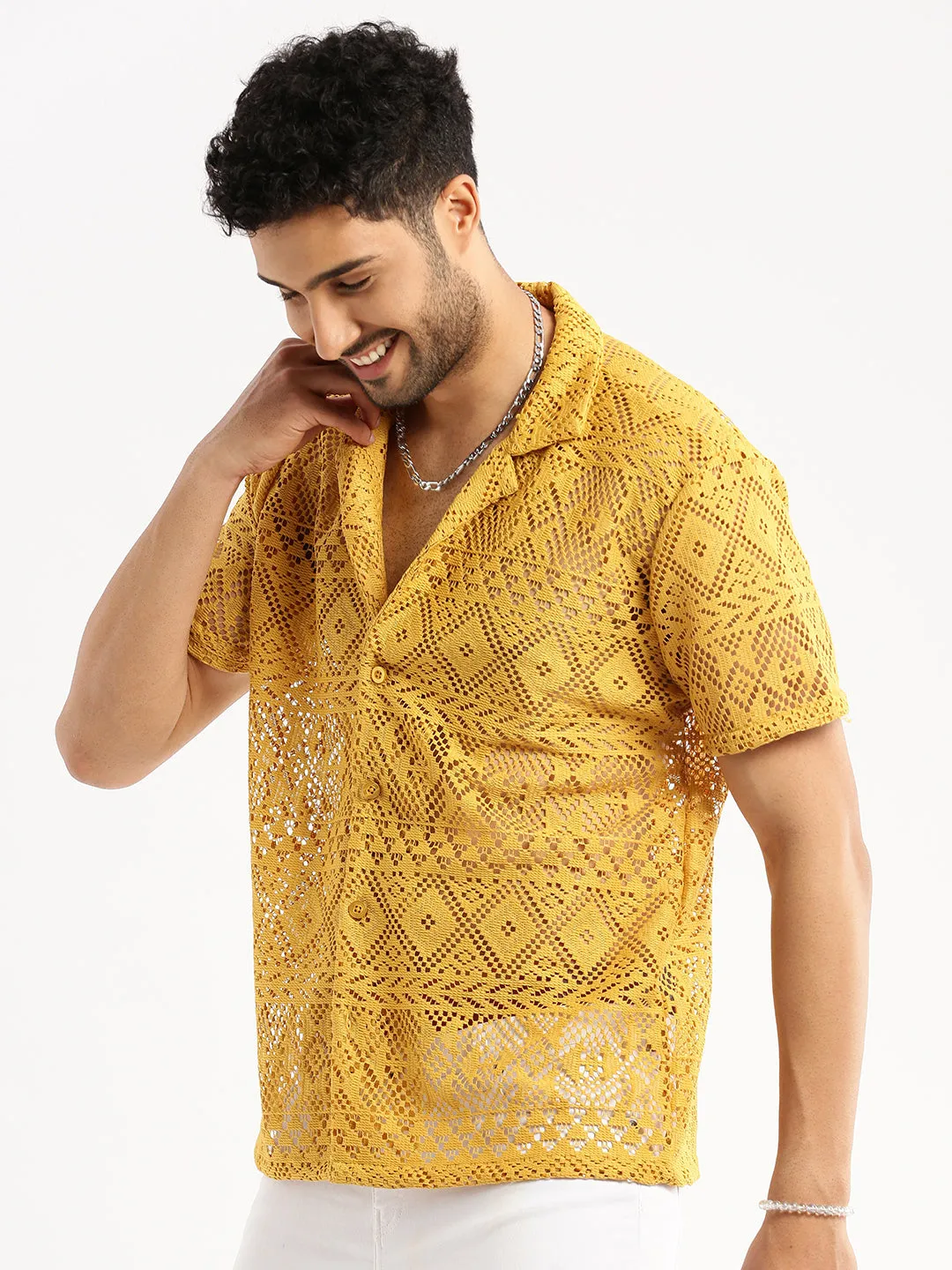 Men Mustard Cuban Collar Relaxed Fit Sheer Cotton Crochet Shirt