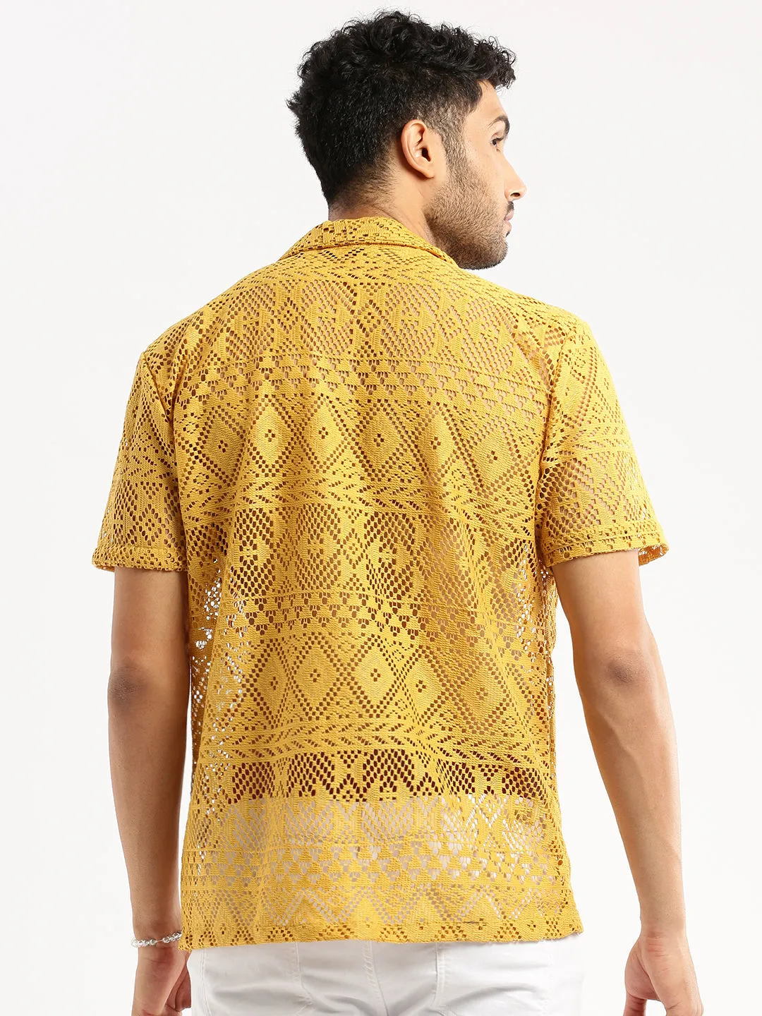 Men Mustard Cuban Collar Relaxed Fit Sheer Cotton Crochet Shirt