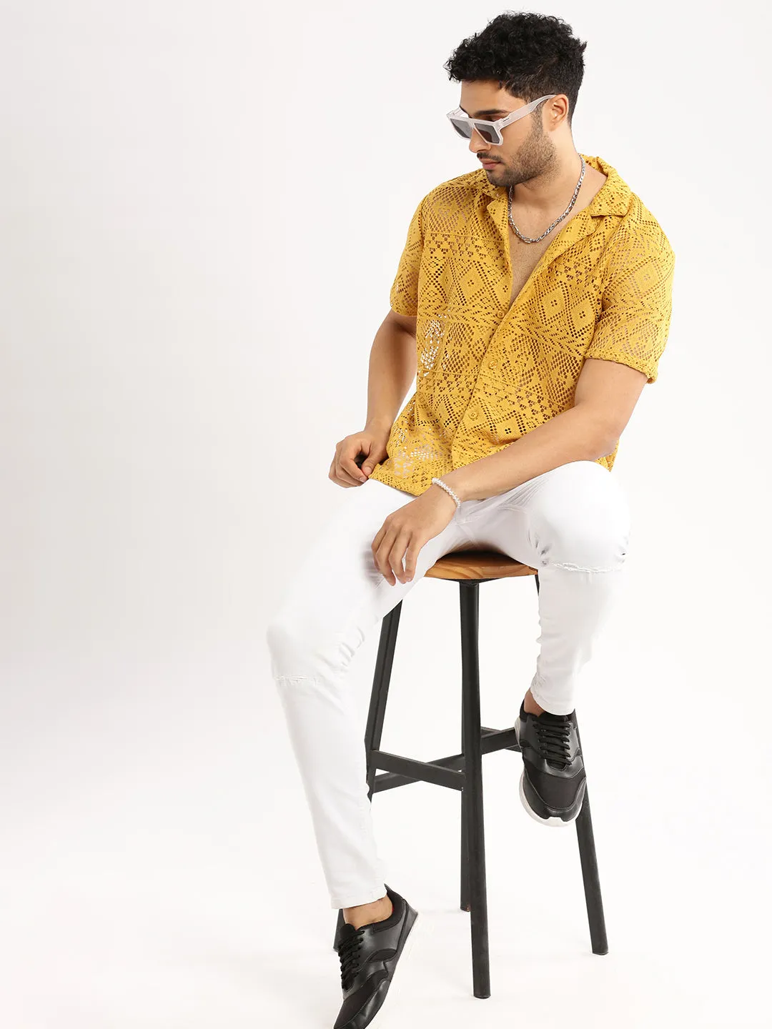 Men Mustard Cuban Collar Relaxed Fit Sheer Cotton Crochet Shirt