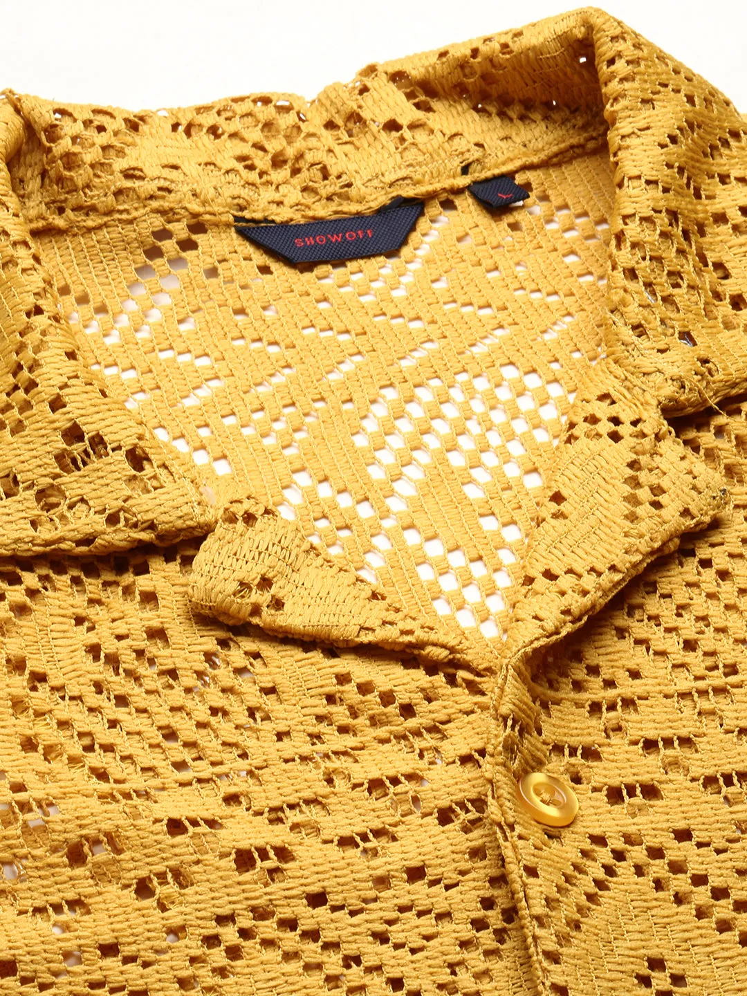 Men Mustard Cuban Collar Relaxed Fit Sheer Cotton Crochet Shirt