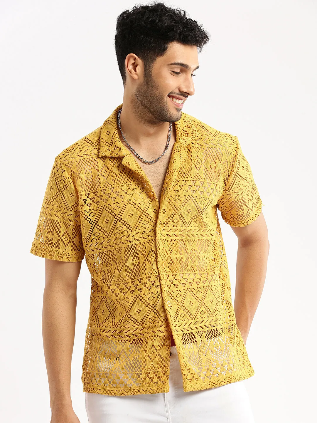Men Mustard Cuban Collar Relaxed Fit Sheer Cotton Crochet Shirt
