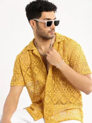 Men Mustard Cuban Collar Relaxed Fit Sheer Cotton Crochet Shirt