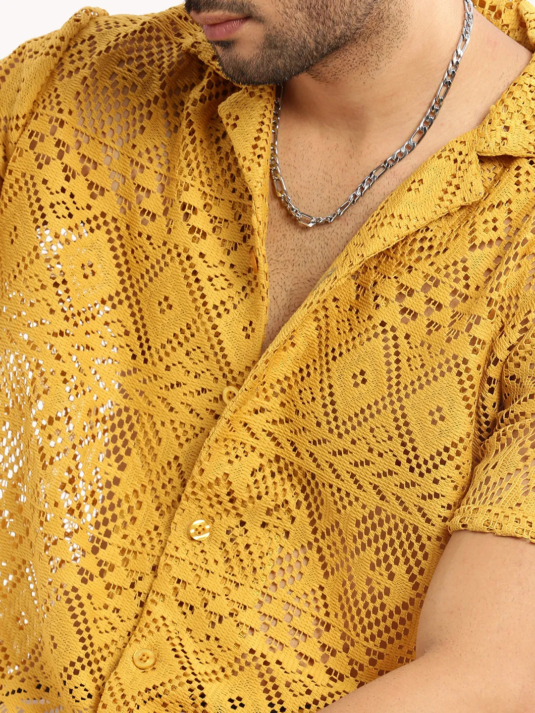 Men Mustard Cuban Collar Relaxed Fit Sheer Cotton Crochet Shirt