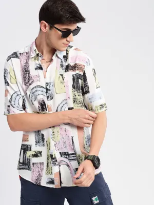 Men Off White Standard Slim Fit Geometric Printed Cotton Casual Shirt