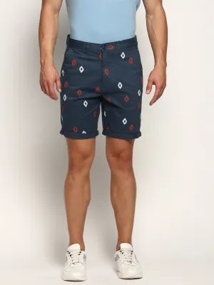 Men Teal Geometric Printed Mid Rise Cotton Chinos Shorts