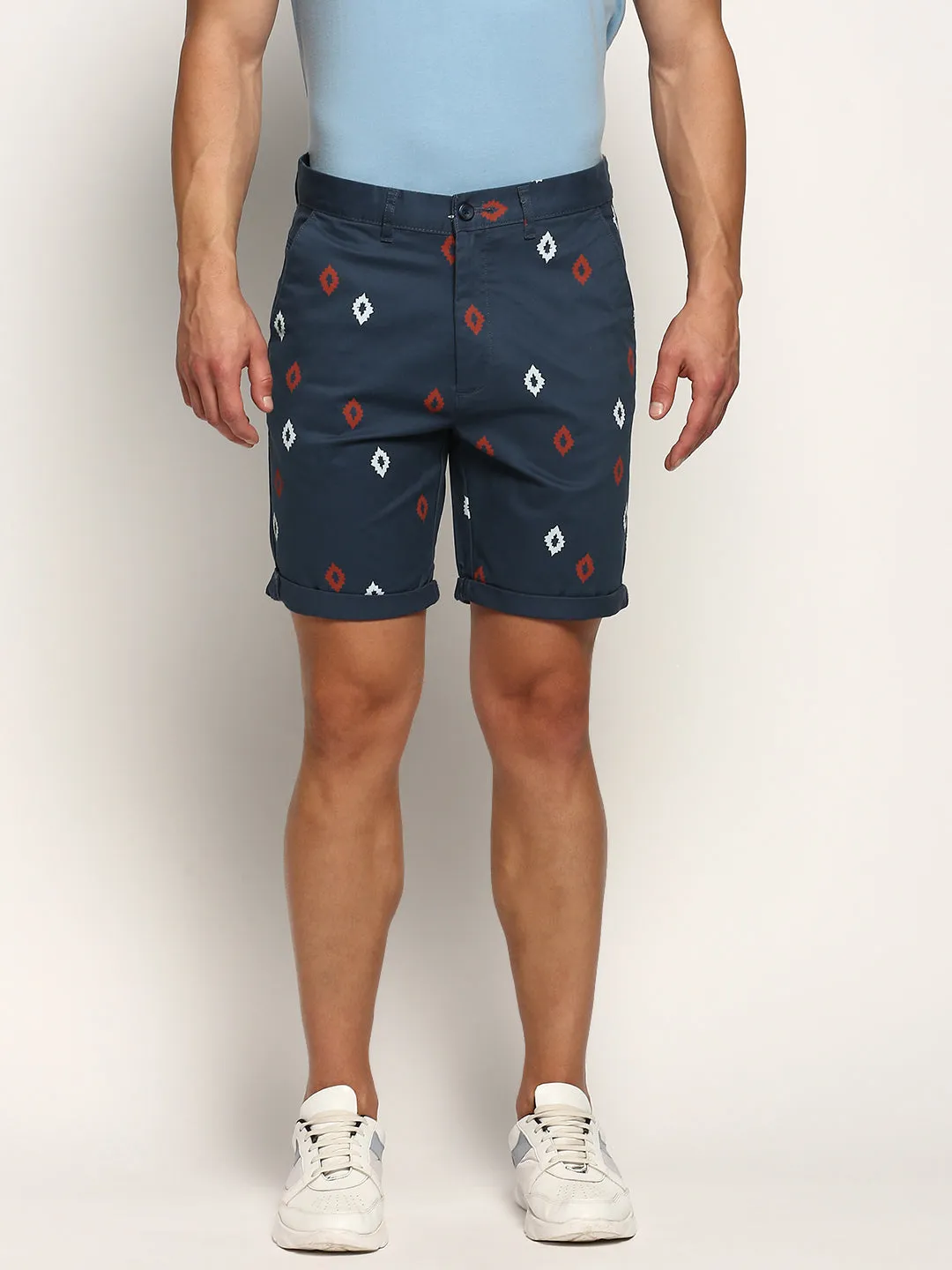 Men Teal Geometric Printed Mid Rise Cotton Chinos Shorts