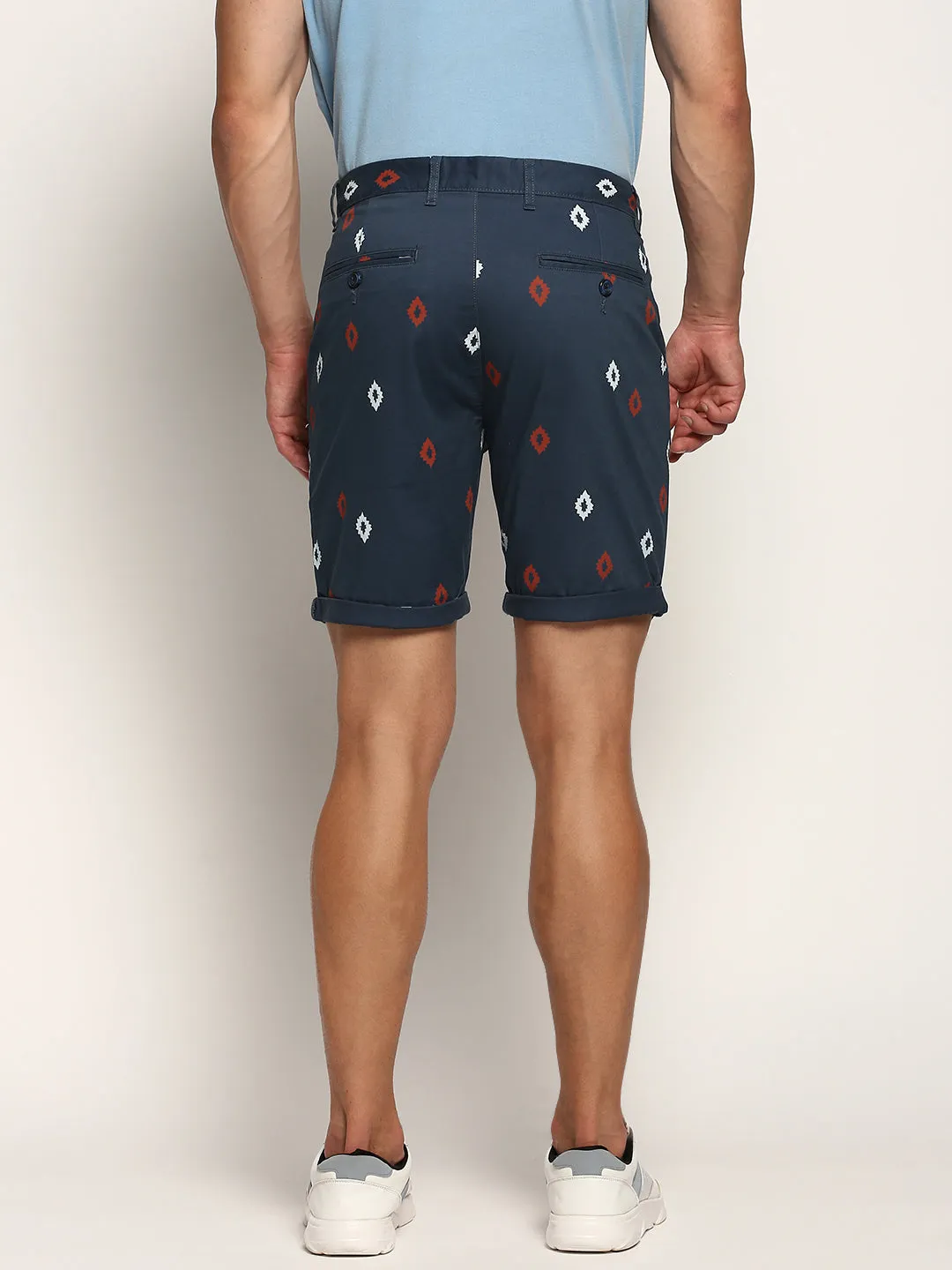 Men Teal Geometric Printed Mid Rise Cotton Chinos Shorts