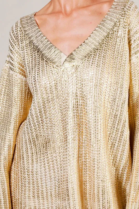 Metallic Chunky Knit V-Neck Sweater in gold foil