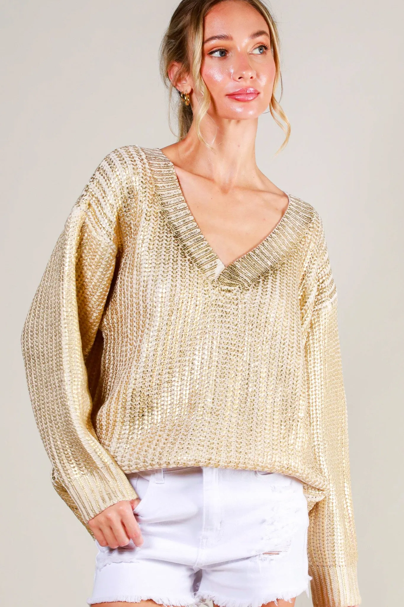 Metallic Chunky Knit V-Neck Sweater in gold foil