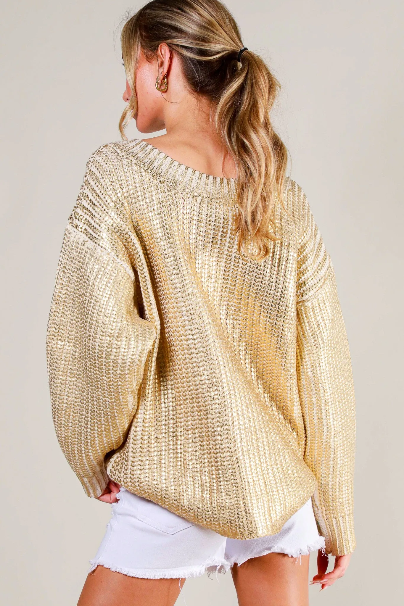 Metallic Chunky Knit V-Neck Sweater in gold foil