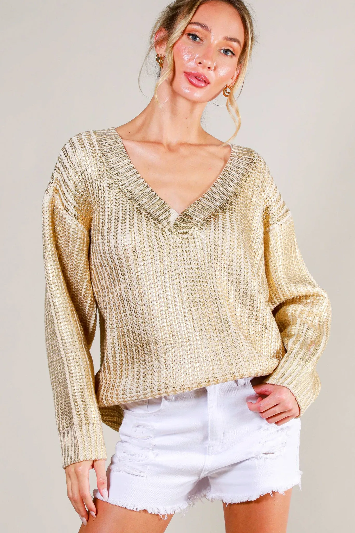Metallic Chunky Knit V-Neck Sweater in gold foil